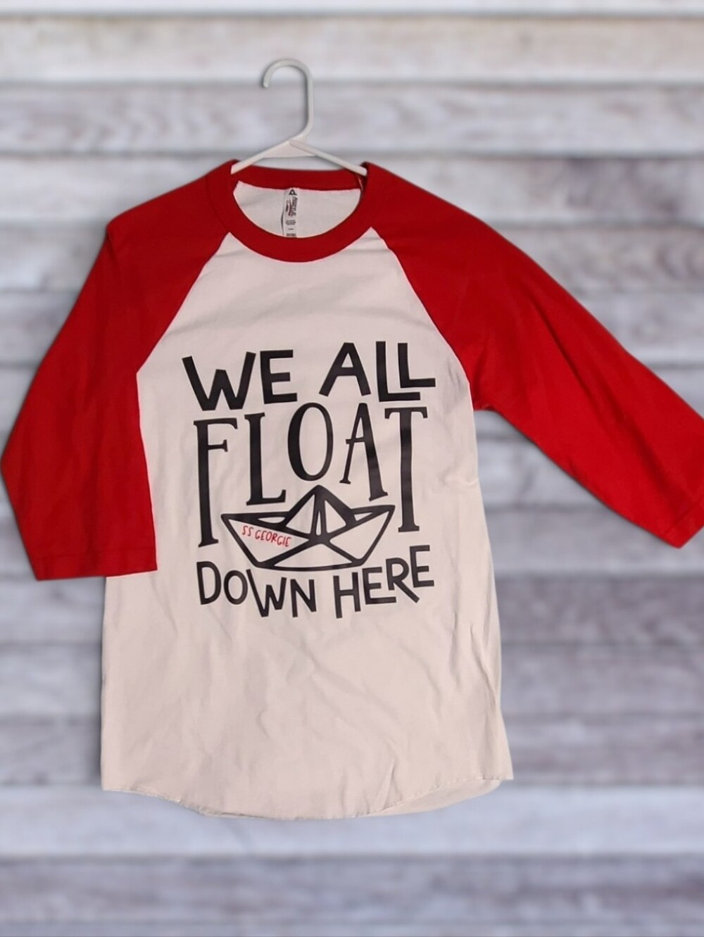 Custom IT Pennywise "We All Float Down Here" Baseball Raglan Tee S
